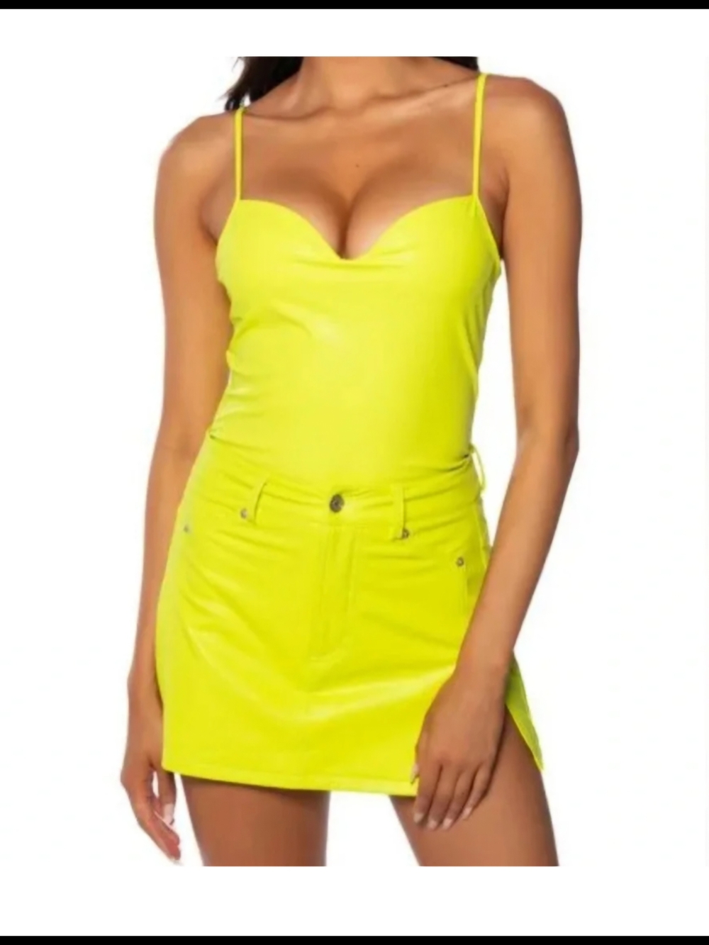 AKIRA Rio Neon Faux Leatger Yellow Sweetheart Neckline Bodysuit SZ LG